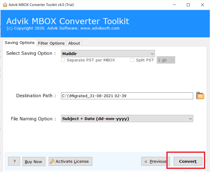 click convert for mbox to maildir conversion