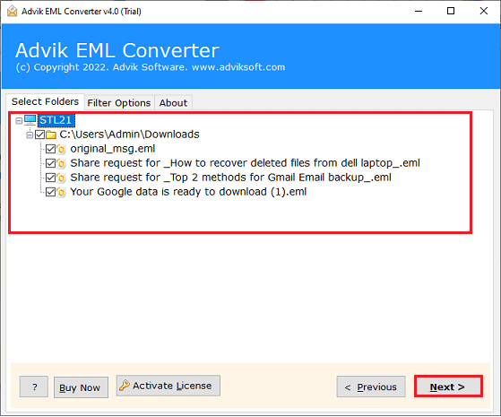 Select the EML files to import