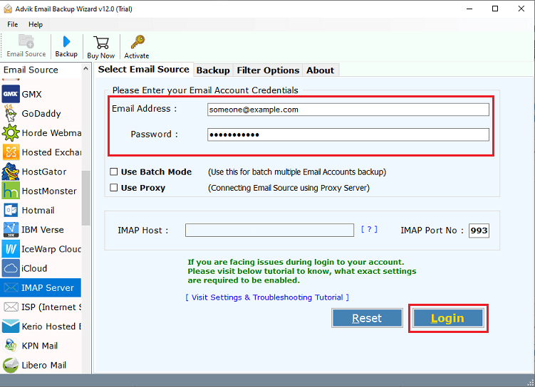 select imap as source and enter details