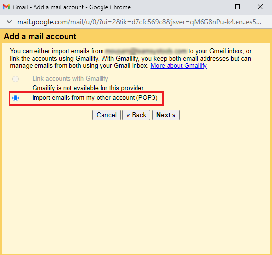 Select Import emails from my other account (POP3)