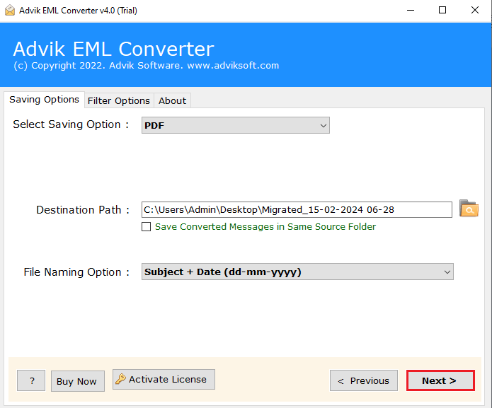 click Next button to convert emlx to PDF file