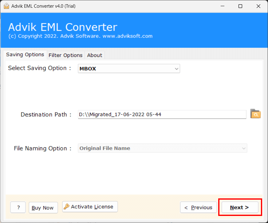 click the next to convert emlx to mbox file