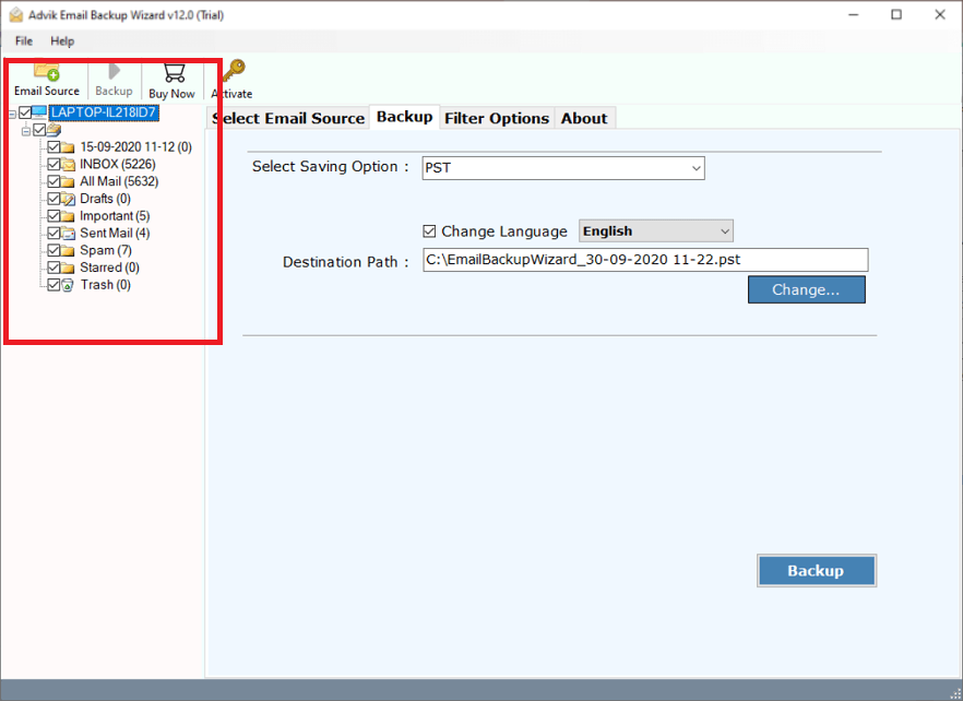 select emails to export into pst