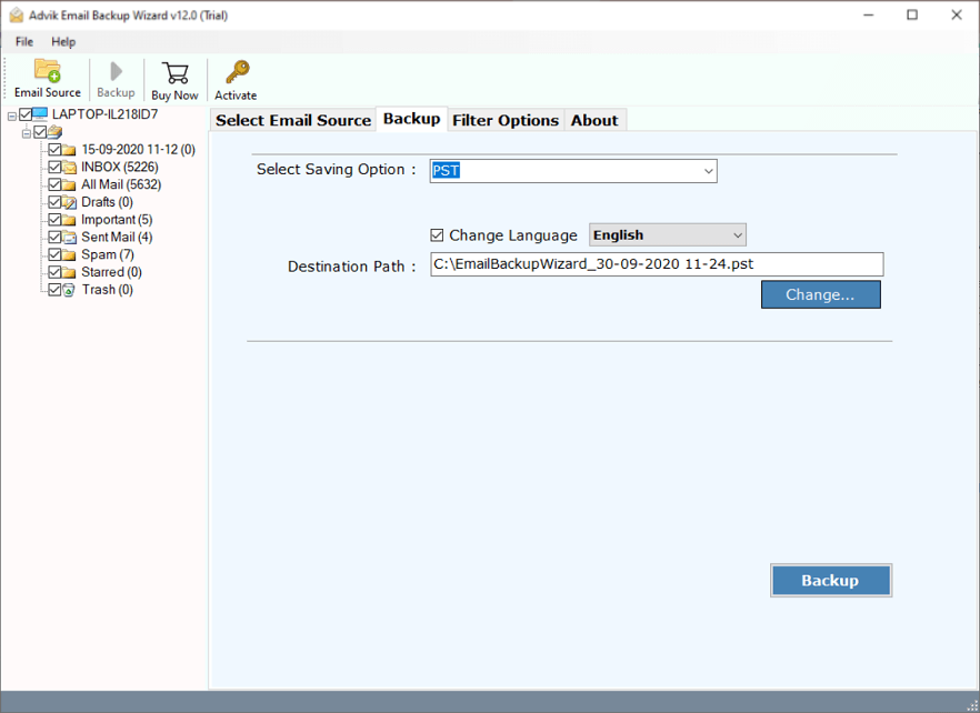 Click the Backup to export webmail to pst