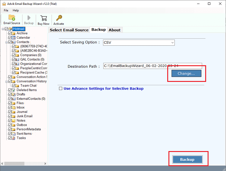 click backup to export exchange to csv