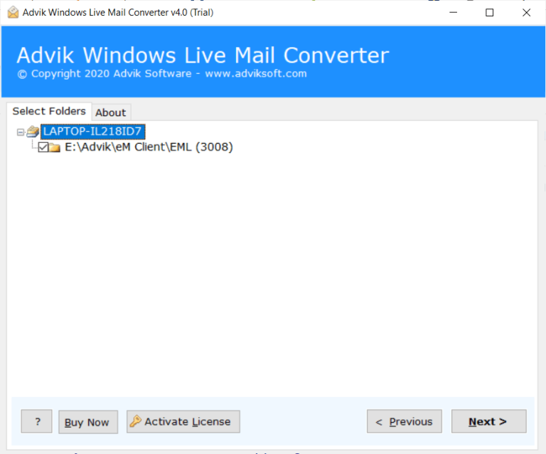 select Windows Live Mail email folders to transfer