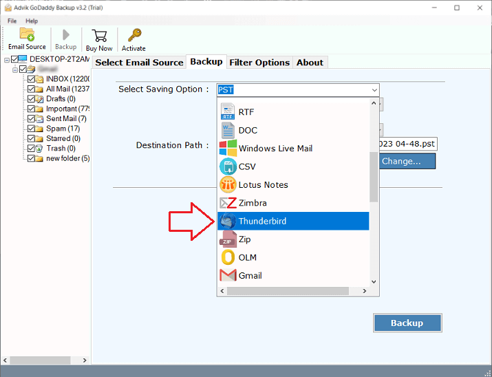Select "Thunderbird" from the Saving option