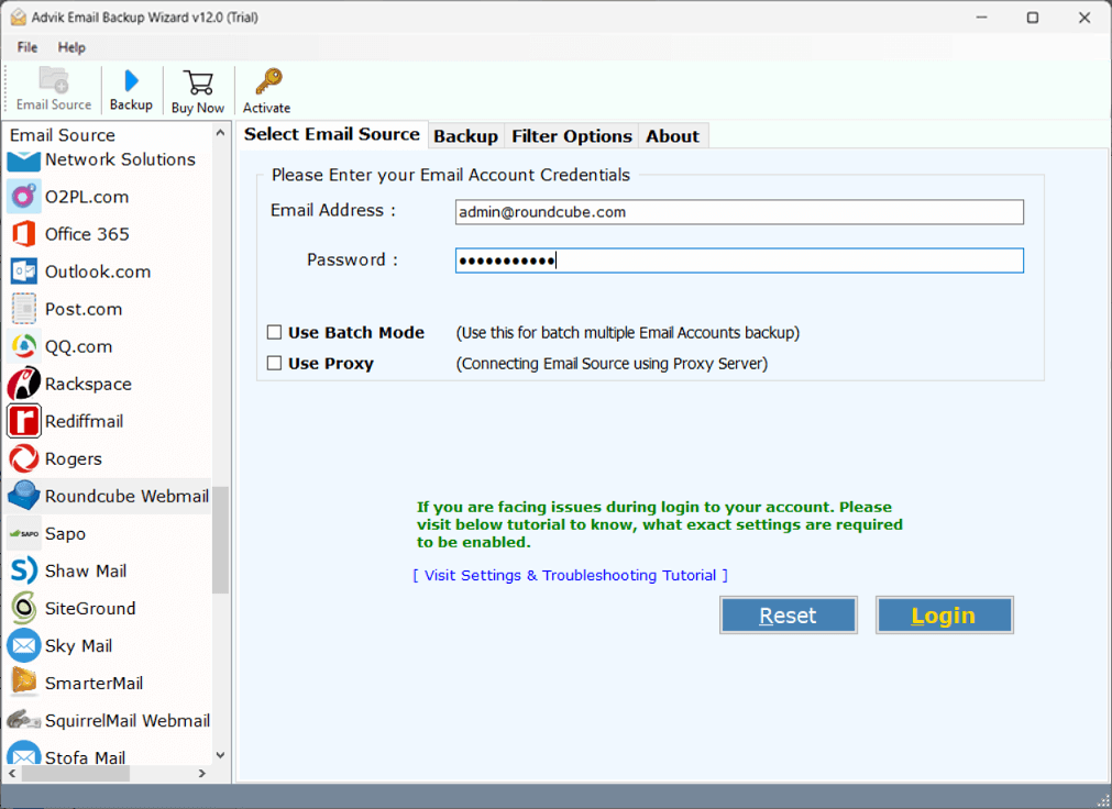 Run the software and sign in with Roundcube login details