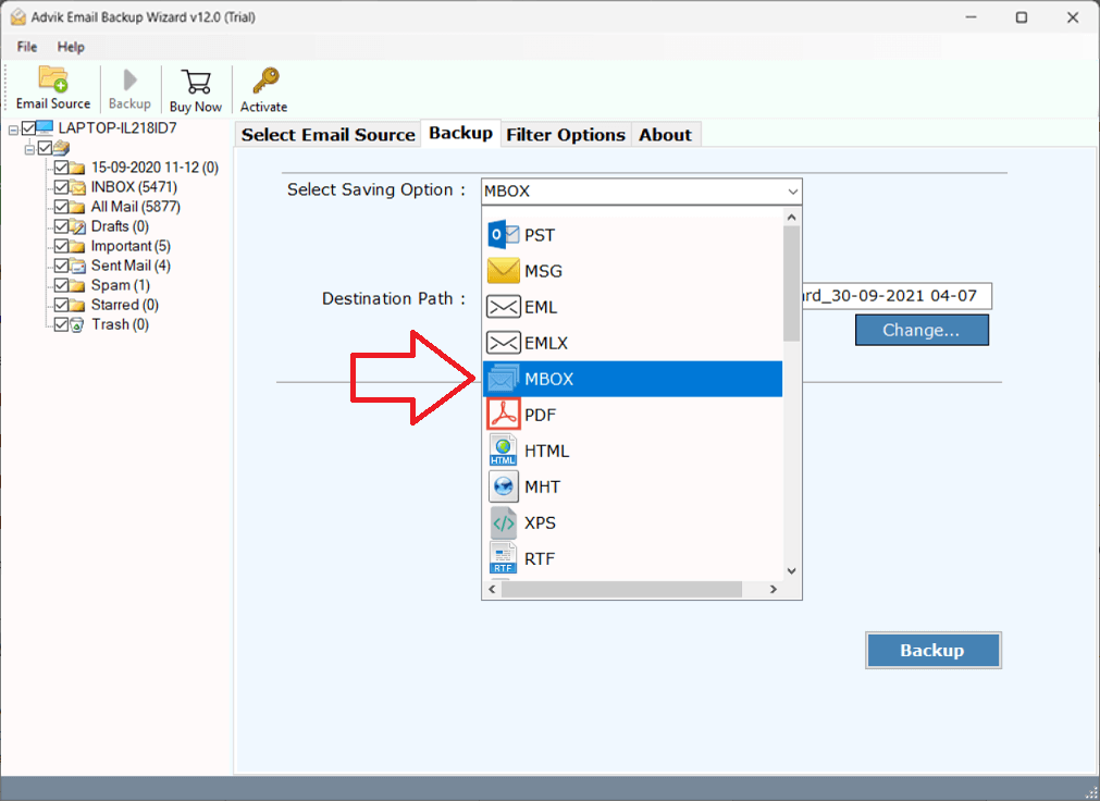 Choose MBOX as a saving option