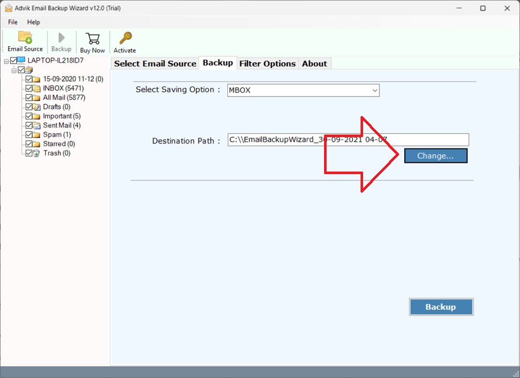 click backup to export roundcube emails to MBOX