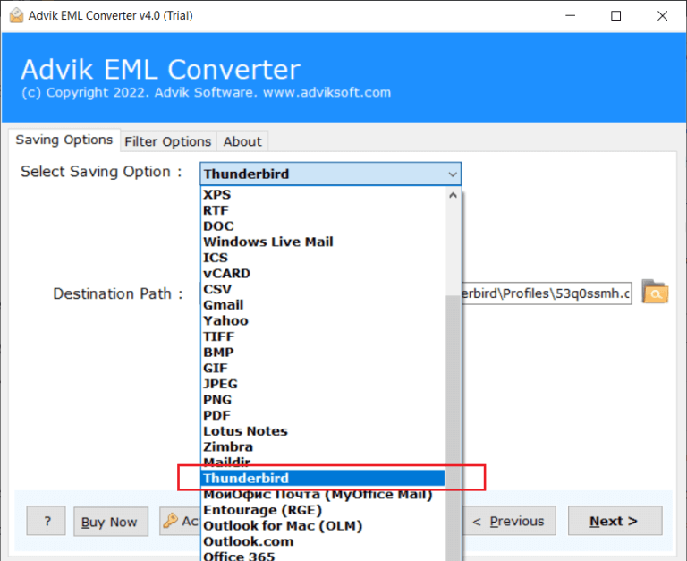 Select Thunderbird as a saving option