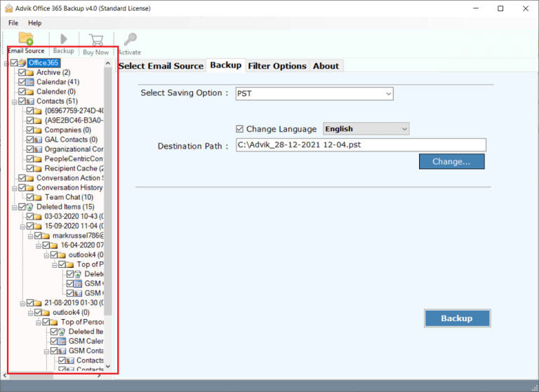 Select mailbox folders to export Office 365 emails