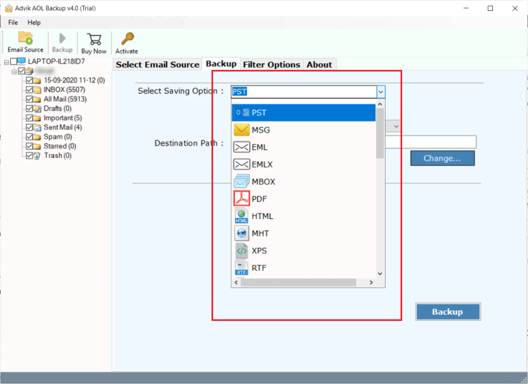 Choose file format to save aol emails