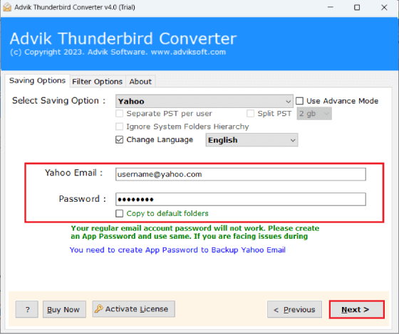 transfer thunderbird emails to yahoo