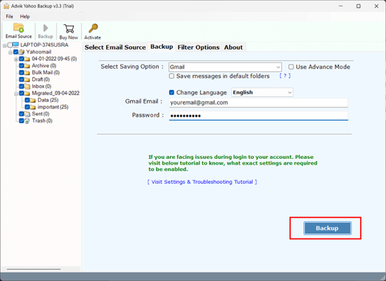 click backup to migrate from yahoo small business to gmail