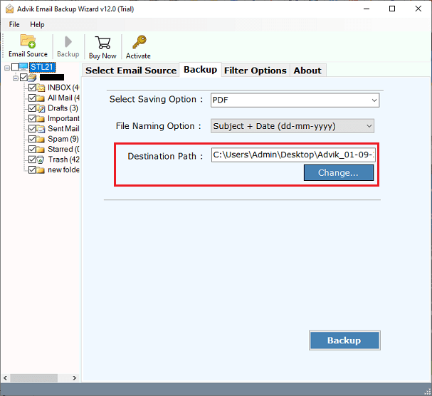 select location to backup 163.com emails to external hard drive