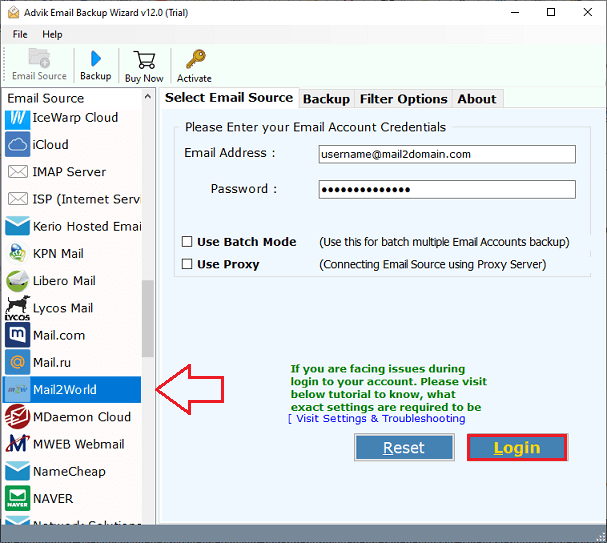 choose mail2world and enter email account details