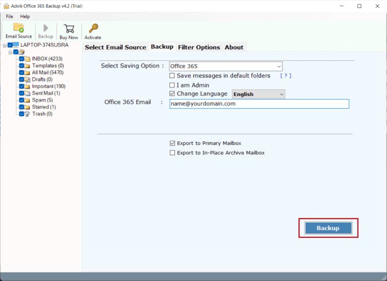 enter office 365 account details and click backup