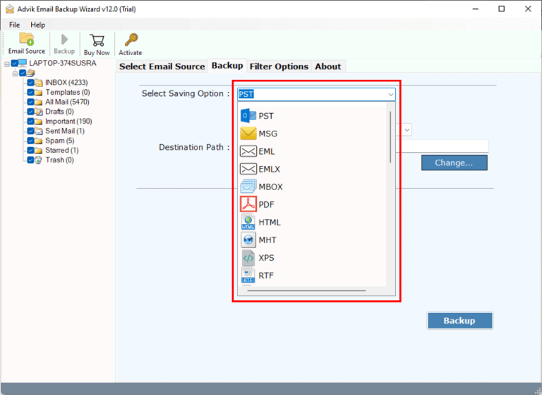 Select any file format to backup namecheap emails