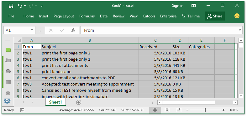 Outlook emails to excel