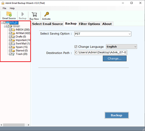 Select the required Outlook email folders