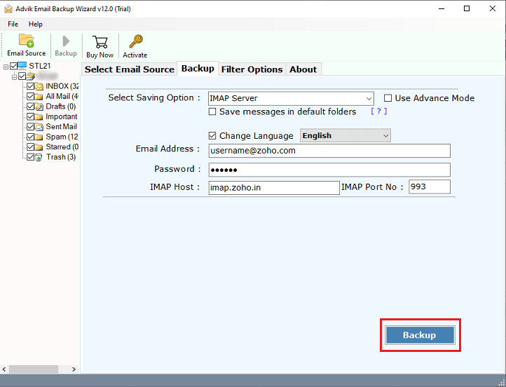 click backup to transfer folders from one email account to another