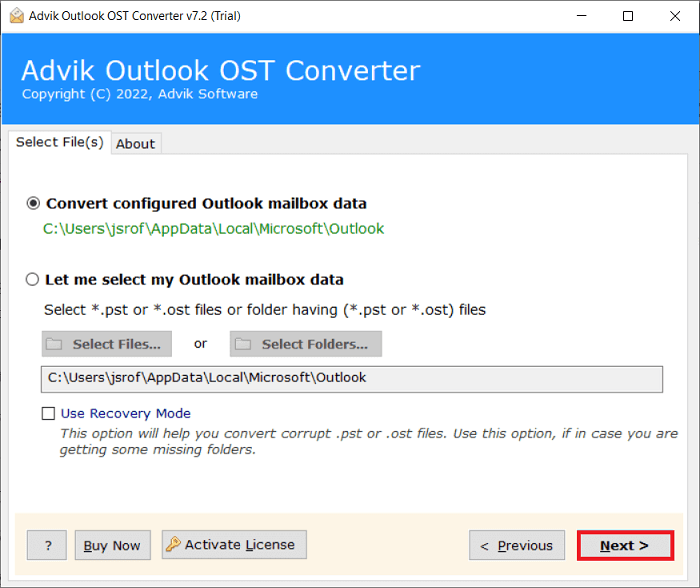 Choose Convert Configured Outlook mailbox data