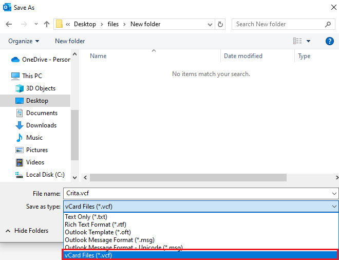 Select vCard Files as a file type