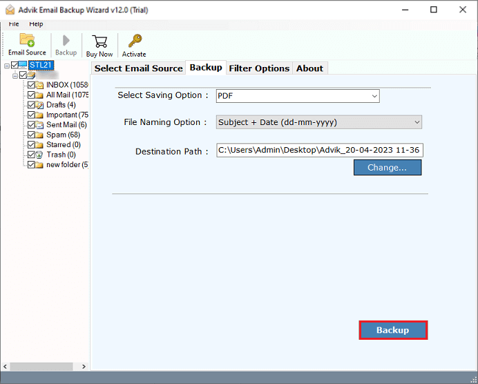 click backup to export outlook.com to pdf