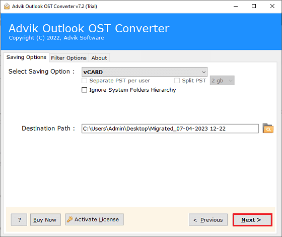 click next to export Outlook Contacts to android phone