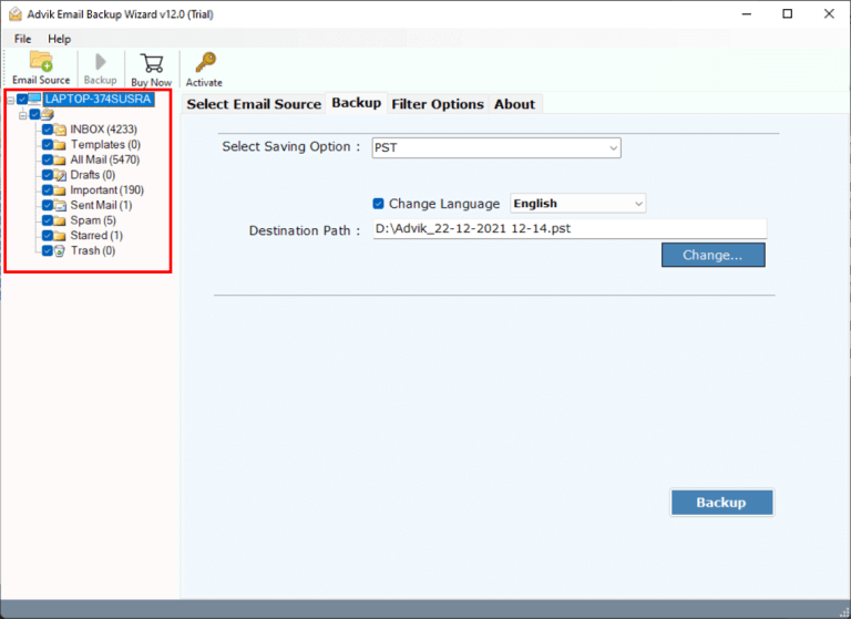 Select mailbox folders to export into PST