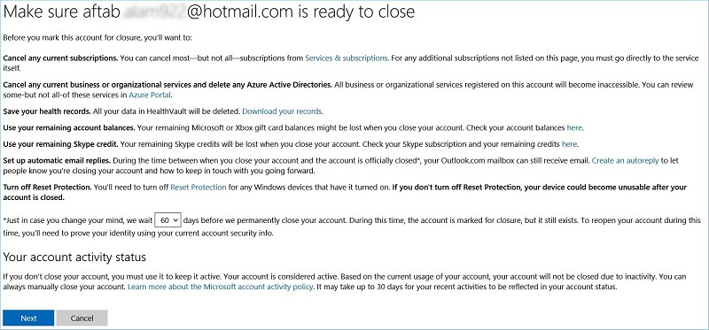 delete hotmail account permanently