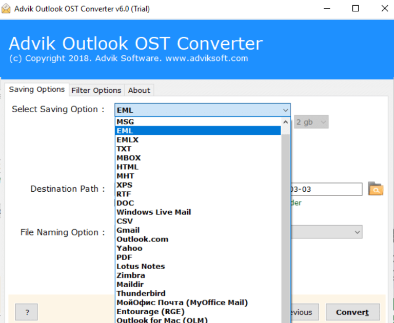 select EML as a saving option