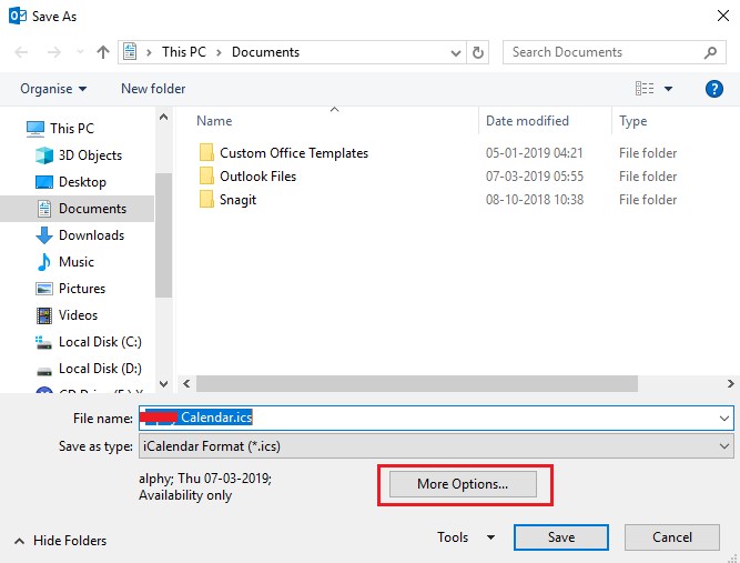 upload PST file to resource calendar