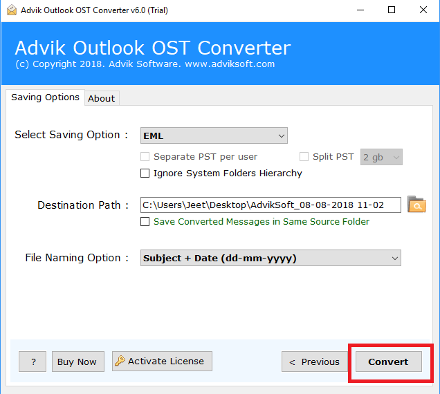 press the Convert to export Outlook email to EML