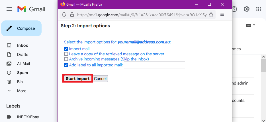 click start import button to transfer emails rfom iinet to gmail