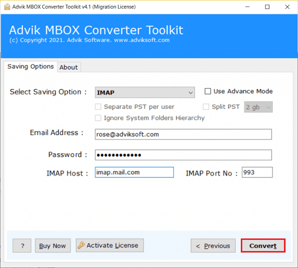 click convert to import mbox to workmail