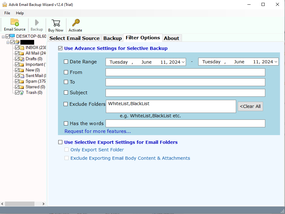 Apply email filters for selective hotmail email backup