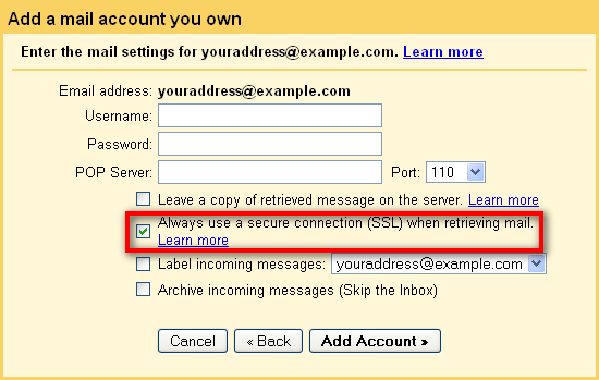 Check the Always use a secure connection (SSL) checkbox