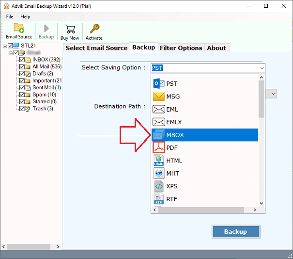 Select file format to backup
