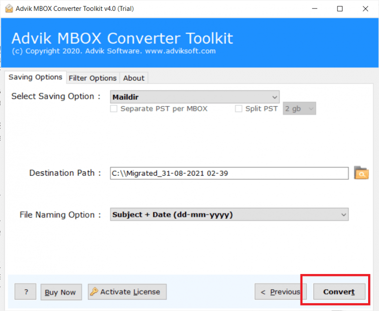 click Convert to import MBOX to Dovecot Server