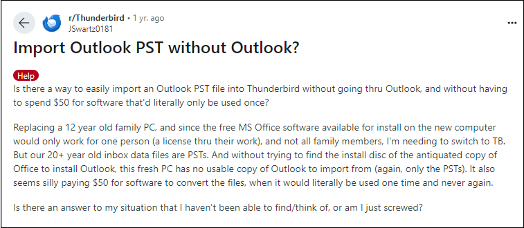 import PST to Thunderbird user query