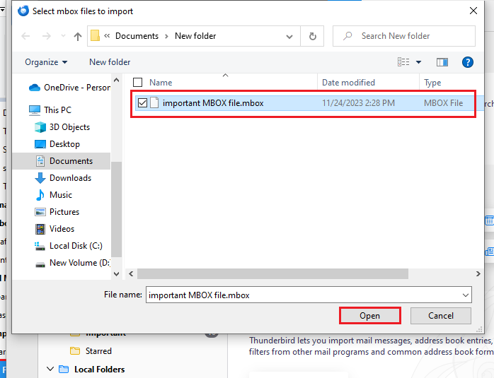 choose your Thunderbird MBOX file and tap Open
