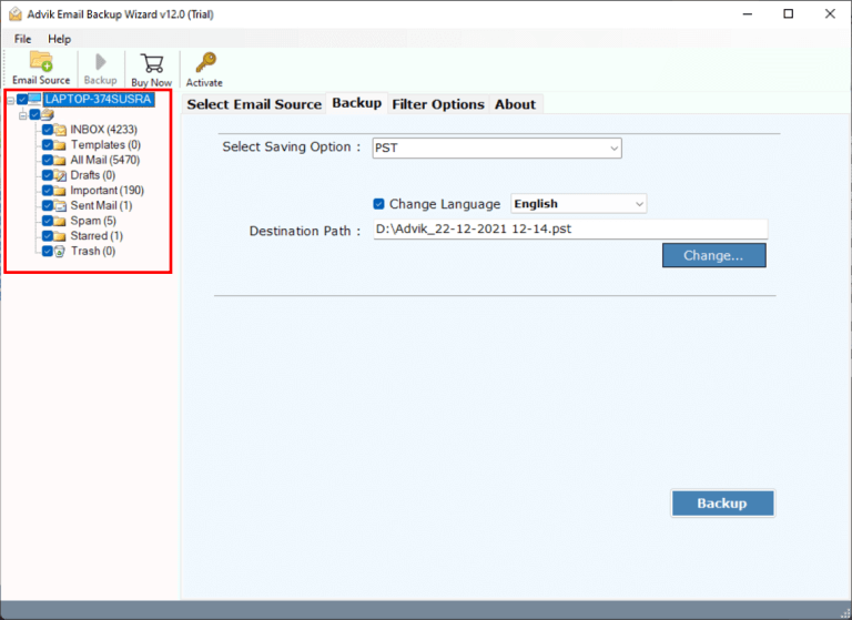 select mailbox folders to export into pst