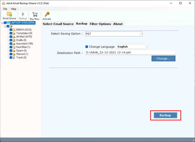 browse location and click backup to export hotmail to pst