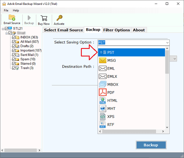 Select mailbox folders to export into pst