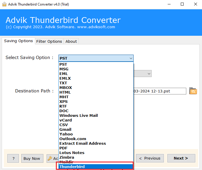 choose Thunderbird as a saving option