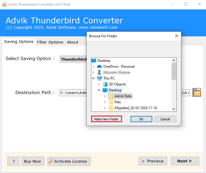 browse the Destination path and click Make a new folder