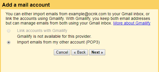 Choose Import emails from my other account (POP3)