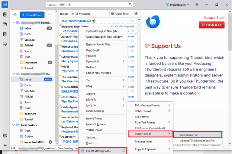 select export messages as >> mbox format >> new mbox file